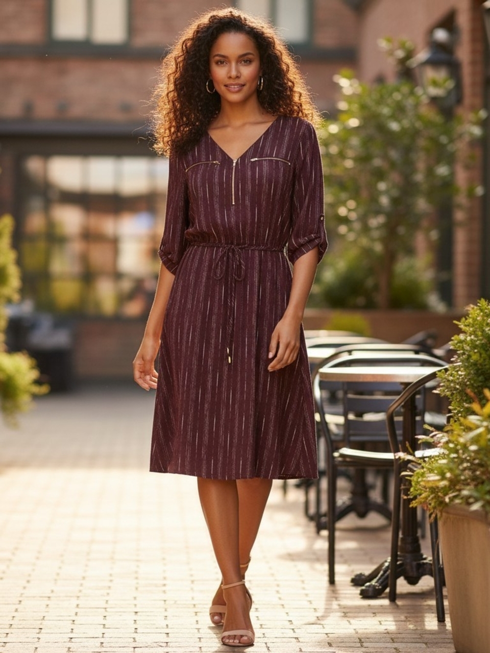 Iris Merlot Pinstripe V-Neck Zipper Accent Tie Waist Dress Medium